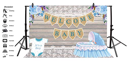 EdCott Bienvenido Bebé Telón Fondo Fondo fotografía Vinilo 5x3 pies Fondo Baby Shower Es un niño Principito Que Viene Flores Encaje Carro bebé Fondo Madera Bebé recién Nacido Tono Azul