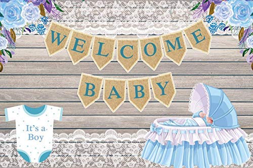 EdCott Bienvenido Bebé Telón Fondo Fondo fotografía Vinilo 5x3 pies Fondo Baby Shower Es un niño Principito Que Viene Flores Encaje Carro bebé Fondo Madera Bebé recién Nacido Tono Azul