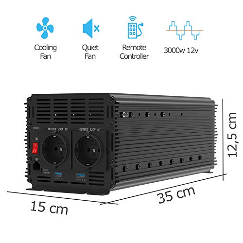 EDECOA Convertidor 12v 220v inversor 3000w con CONTROL REMOTO y 2x USB inversor 12v 230v de onda sinusoidal MODIFICADA Transformador de corrriente