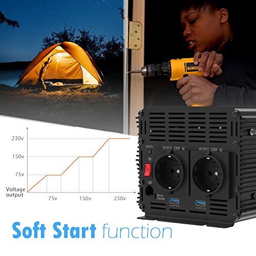 EDECOA Convertidor 12v 220v inversor 3000w con CONTROL REMOTO y 2x USB inversor 12v 230v de onda sinusoidal MODIFICADA Transformador de corrriente