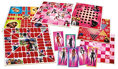 Educa - Set Especial 8 En 1 Miraculous Lady Bug: Juego de la oca, Parchís, Caracoles, Carrera de caballos, Tres en raya, Escaleras y toboganes, Dominó y Juego de personajes, a partir de 4 años (17261)