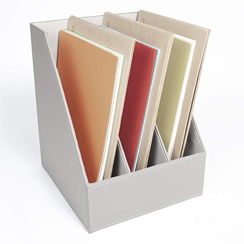 EHC - Soporte para revistas de piel sintética de 3 secciones, estante de papel, almacenamiento de archivos de escritorio, color gris