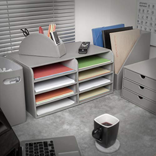 EHC - Soporte para revistas de piel sintética de 3 secciones, estante de papel, almacenamiento de archivos de escritorio, color gris