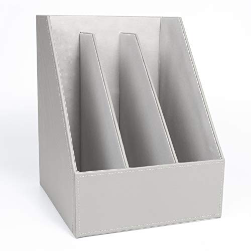 EHC - Soporte para revistas de piel sintética de 3 secciones, estante de papel, almacenamiento de archivos de escritorio, color gris