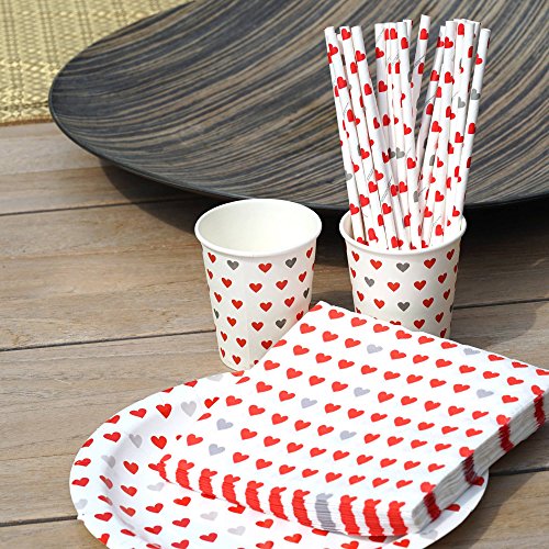 EinsSein 1x Vajilla Desechable de Papel Boda Corazón 50 pajillas 40 Platos 40 Vasos 50 servilletas de Papel 180 Piezas Desechables Bodas vajilla Bautizo Fiesta Desechables cumpleaños y Vasos para