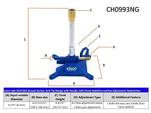 eisco Labs Nextgen Mechero Bunsen, stabilibasetm antivuelco diseño con asa, con estabilizador de llama y Gas ajuste, para uso con gas natural