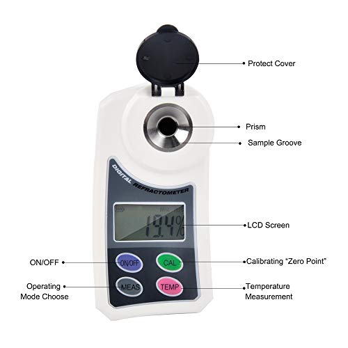 El refractómetro digital, portátil de bolsillo Brix medidor electrónico con pantalla LCD de azúcar, jugo de la fruta del alimento multifunción refractómetro probador con compensación de temperatura