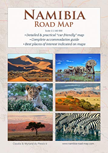 El set de mapas completo NAMIBIA: Mapa de carreteras NAMIBIA ROAD MAP + MAPA ETOSHA (con galería de fotos de animales salvajes) + MAPA DESERTICO NAMIB (con fotos), ideal para la planificación y viaje