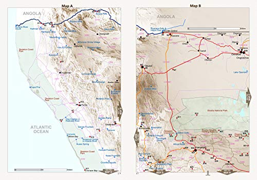 El set de mapas completo NAMIBIA: Mapa de carreteras NAMIBIA ROAD MAP + MAPA ETOSHA (con galería de fotos de animales salvajes) + MAPA DESERTICO NAMIB (con fotos), ideal para la planificación y viaje
