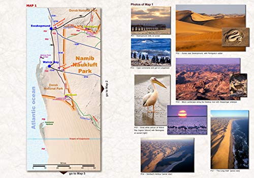 El set de mapas completo NAMIBIA: Mapa de carreteras NAMIBIA ROAD MAP + MAPA ETOSHA (con galería de fotos de animales salvajes) + MAPA DESERTICO NAMIB (con fotos), ideal para la planificación y viaje