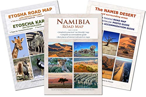 El set de mapas completo NAMIBIA: Mapa de carreteras NAMIBIA ROAD MAP + MAPA ETOSHA (con galería de fotos de animales salvajes) + MAPA DESERTICO NAMIB (con fotos), ideal para la planificación y viaje