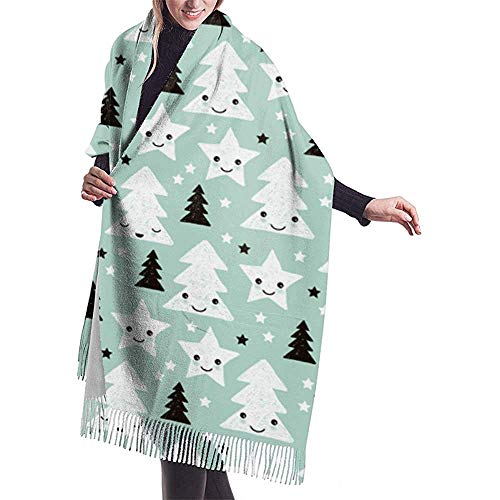 Elaine-Compre Feliz Navidad Kawaii Árboles de Navidad de temporada y estrellas Envoltura de mantón azul pastel japonés Bufanda cálida de invierno Envoltura de bufanda de cachemira del cabo