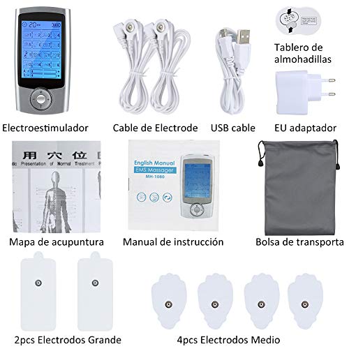 Electroestimulador Digital Masaje Portatil, 16 Modos 6 Pads 2 Canales Estimulador Muscular Recargable Masajeador Electro para Alivio del Dolor de Cervical/Piernas/Abdominal/Espalda/Cuello