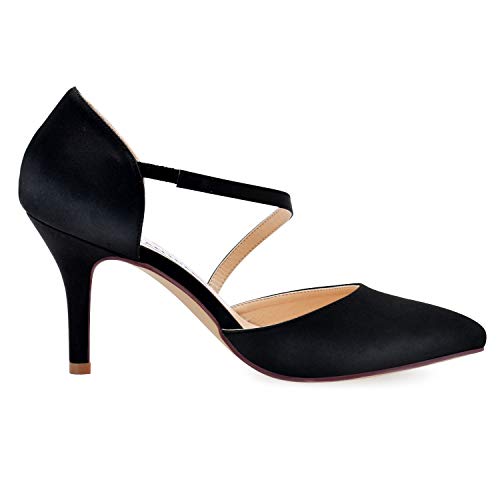 ElegantPark HC1711 Punta Estrecha de Las Mujeres Tacones de Aguja Zapatos de tacón Alto Correas Boda Fiesta de graduación Zapatos de Novia Negro EU 40