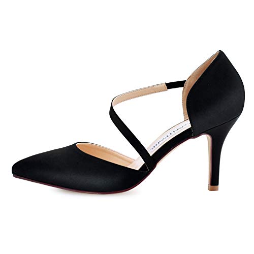 ElegantPark HC1711 Punta Estrecha de Las Mujeres Tacones de Aguja Zapatos de tacón Alto Correas Boda Fiesta de graduación Zapatos de Novia Negro EU 40