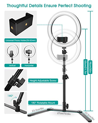ELEGIANT Anillo de luz Trípode LED 10", Aro Soporte de Luz de Selfie de Regulable 3 Colores de Luz + 11 Niveles de Brillo, Trípode de Teléfono Móvil para Tiktok Youtube Transmisión en Vivo Volg