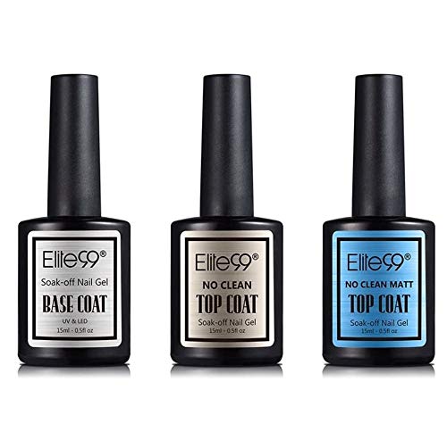 Elite99 Top coat y Base Coat Semipermanente Top Coat Mate Esmalte Semipermanente UV LED 3pcs Kit Uñas de Gel Pintauñas Esmalte de Uñas Soakoff Manicura 15ml