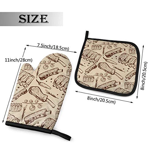 Eliuji Costillas de Res Diseño de carnicería Manoplas y agarraderas para Horno Guantes para Barbacoa-Mitones para Horno y Porta ollas Guantes de Cocina Antideslizantes