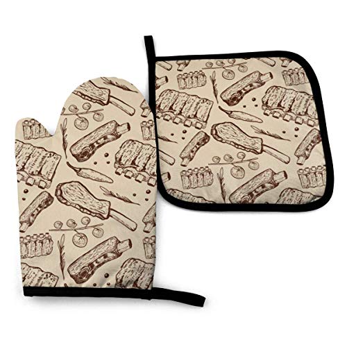 Eliuji Costillas de Res Diseño de carnicería Manoplas y agarraderas para Horno Guantes para Barbacoa-Mitones para Horno y Porta ollas Guantes de Cocina Antideslizantes