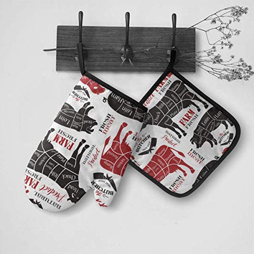 Eliuji Diagramas de Cortes de Carne para carnicería Manoplas y agarraderas para Horno de Animales Guantes para Barbacoa-Mitones para Horno y Porta ollas Guantes de Cocina