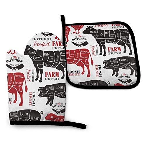 Eliuji Diagramas de Cortes de Carne para carnicería Manoplas y agarraderas para Horno de Animales Guantes para Barbacoa-Mitones para Horno y Porta ollas Guantes de Cocina