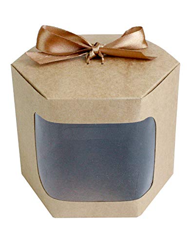 Emartbuy Bolsa de Regalo Hexagonal Papel Fuerte Levántate, 10 cm x 10 cm x 12 cm, Bolso Kraft Marrón Caja de Magdalenas Galletas Mollete Tarta Con Ventana Transparente y Cinta - Paquete de 24
