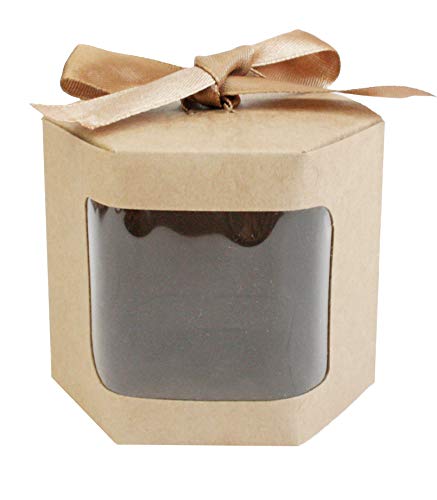 Emartbuy Bolsa de Regalo Hexagonal Papel Fuerte Levántate, 10 cm x 10 cm x 12 cm, Bolso Kraft Marrón Caja de Magdalenas Galletas Mollete Tarta Con Ventana Transparente y Cinta - Paquete de 24