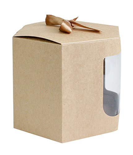Emartbuy Bolsa de Regalo Hexagonal Papel Fuerte Levántate, 13 cm x 13 cm x 14 cm, Bolso Kraft Marrón Caja de Magdalenas Galletas Mollete Tarta Con Ventana Transparente y Cinta - Paquete de 12