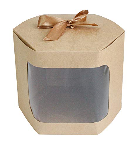 Emartbuy Bolsa de Regalo Hexagonal Papel Fuerte Levántate, 13 cm x 13 cm x 14 cm, Bolso Kraft Marrón Caja de Magdalenas Galletas Mollete Tarta Con Ventana Transparente y Cinta - Paquete de 12