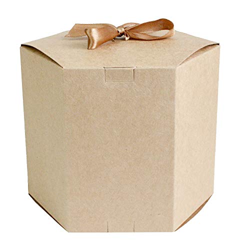 Emartbuy Bolsa de Regalo Hexagonal Papel Fuerte Levántate, 13 cm x 13 cm x 14 cm, Bolso Kraft Marrón Caja de Magdalenas Galletas Mollete Tarta Con Ventana Transparente y Cinta - Paquete de 12
