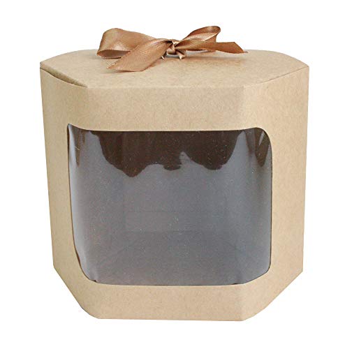 Emartbuy Bolsa de Regalo Hexagonal Papel Fuerte Levántate, 13 cm x 13 cm x 14 cm, Bolso Kraft Marrón Caja de Magdalenas Galletas Mollete Tarta Con Ventana Transparente y Cinta - Paquete de 12