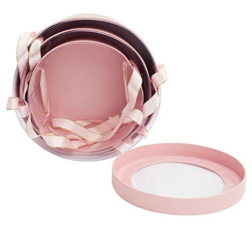 Emartbuy Conjunto de 3 Caja De Regalo de Flores de Presentación Redonda de Lujo Rígida, Estampado Rosa Con Parte Superior Transparente, Interior de Doble Capa y Tiradores de Cinta de Raso Rosa y Oro