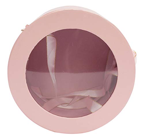 Emartbuy Conjunto de 3 Caja De Regalo de Flores de Presentación Redonda de Lujo Rígida, Estampado Rosa Con Parte Superior Transparente, Interior de Doble Capa y Tiradores de Cinta de Raso Rosa y Oro