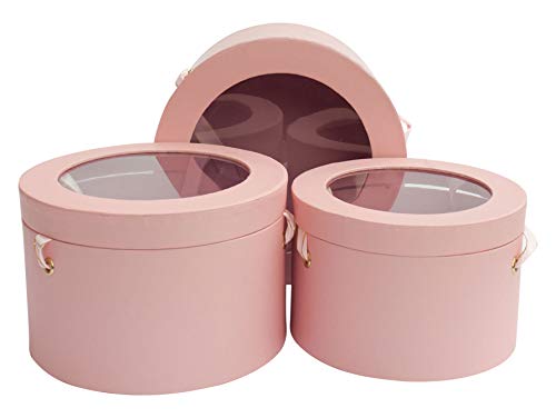 Emartbuy Conjunto de 3 Caja De Regalo de Flores de Presentación Redonda de Lujo Rígida, Estampado Rosa Con Parte Superior Transparente, Interior de Doble Capa y Tiradores de Cinta de Raso Rosa y Oro