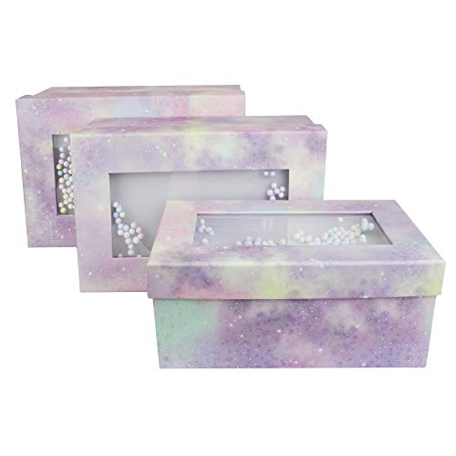 Emartbuy Conjunto de 3 Lujo Rígido Caja de Regalo de Presentación en Forma de Rectángulo, Caja Rosa Pastel Morado Con Tapa, Interior Marrón Chocolate y Decoración de Bolas Multicolores