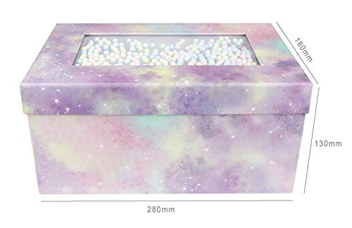 Emartbuy Lujo Rígido Caja de Regalo de Presentación en Forma de Rectángulo, 28 x 18 x 13 cm, Caja Rosa Pastel Morado Con Tapa, Interior Marrón Chocolate y Decoración de Bolas Multicolores