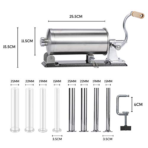 Embutidora de salchichas, acero inoxidable casero para embutir la carne horizontal máquina de llenado de la cocina, empacado 8 tubos de relleno (6 lb/3.5L horizontal)