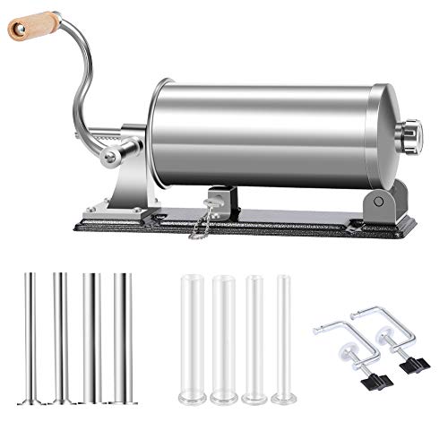Embutidora de salchichas, acero inoxidable casero para embutir la carne horizontal máquina de llenado de la cocina, empacado 8 tubos de relleno (6 lb/3.5L horizontal)