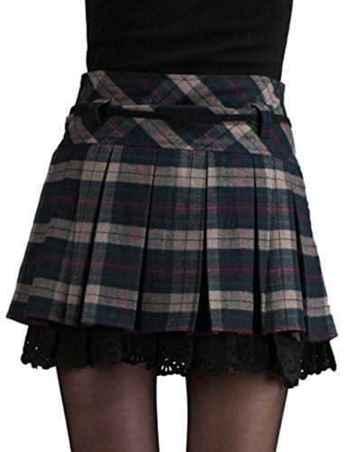 EMMA Mini Falda Mujer Plisada Escocesa Elegante Invierno Alta Cinturilla Elástica de Encaje Doble de la Colegiala (con Hermosa Cadena en la Cintura)