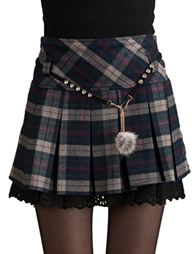 EMMA Mini Falda Mujer Plisada Escocesa Elegante Invierno Alta Cinturilla Elástica de Encaje Doble de la Colegiala (con Hermosa Cadena en la Cintura)