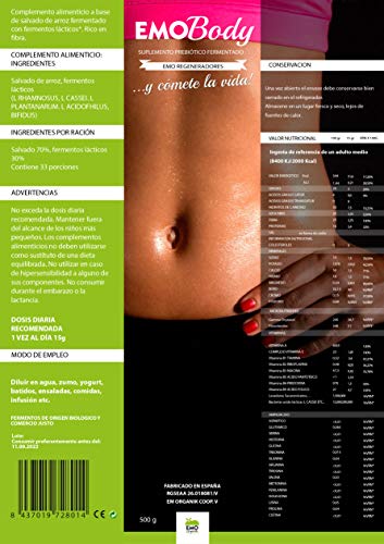 EMO Body Prebiótico 500 gr Salvado de Arroz Fermentado – Más de 100 Cepas – Bacterias Acido Lácticas y Hongos Benéficos – 33.000 Millones de UFC