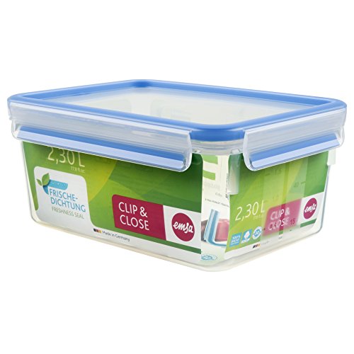 Emsa Clip & Close Conservador Hermético de Plástico Rectangular de 2,3 L, Transparente y Azul