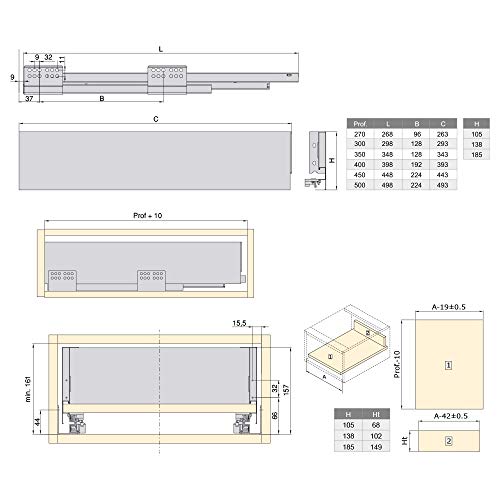 Emuca - Kit de cajón para cocina o baño con guias de extracción total y cierre suave, altura 105mm y profundidad 450mm, Gris antracita