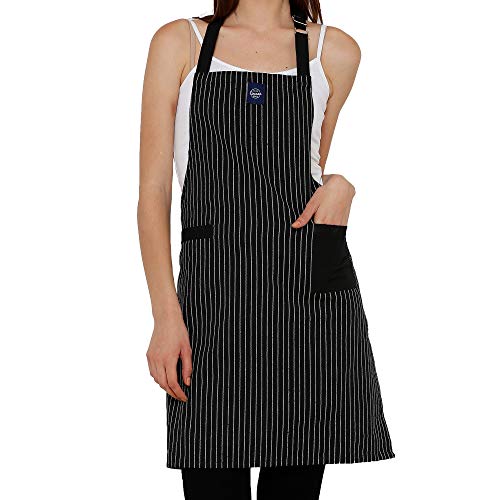 Encasa Homes Delantal de Cocina Ajustable con Bolsillos y toallero - 31 x 25 Inch - Algodón ecológico, Hogar y el Restaurante, Hombres, Mujeres, Cocina, Hornead - Carnicero Rayas Negro