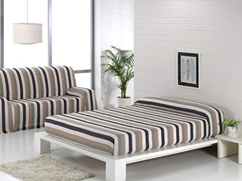 Energy Colors Textil Hogar - Bahia - Colcha Multiusos Cama Sofá Plaid Fabricado España (Rayas Café, 180_x_260_cm)