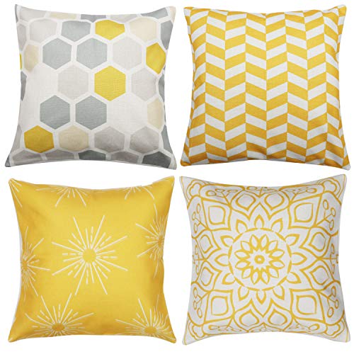 Enibon Fundas de Cojines 45x45cm, 4 Pack Funda Cojin de Lino y Algodón, Estilo Engrosado Super Suave, Fundas de Almohada Cuadrada para Sofá Cama Sillas Coche Dormitorio Decoracion para Hogar. Amarillo