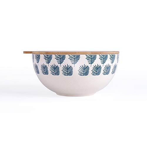 Ensaladera de bambú grande con tapa y cubiertos para ensalada, cuenco para servir (ensaladera, tapa de madera, cuenco de 27 cm, color blanco y azul)