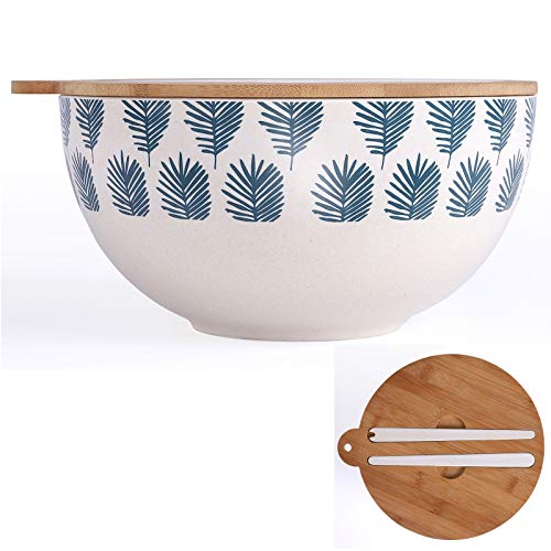 Ensaladera de bambú grande con tapa y cubiertos para ensalada, cuenco para servir (ensaladera, tapa de madera, cuenco de 27 cm, color blanco y azul)
