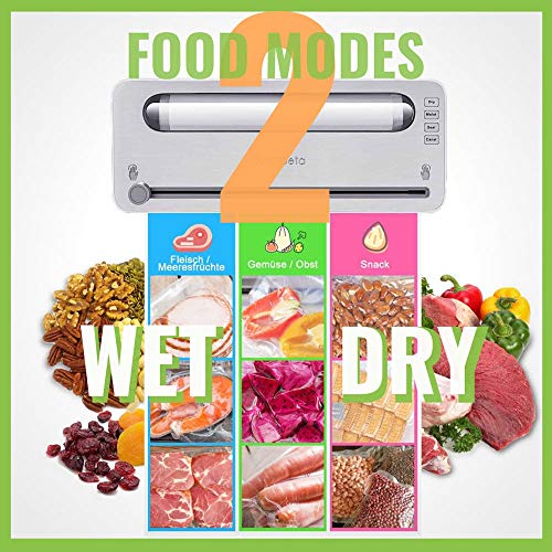 Envasadoras al vacío, Máquina de Envasado al Vacío con un Cortador Incorporado para Alimentos Secos y Húmedos & Sous Vide, incl. 28 * 300cm Bolsa de rollo y 2 Tubos de Vacío