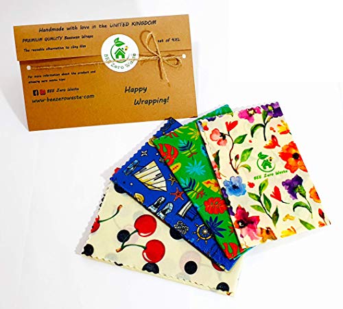 Envolturas de cera de abejas, juego de 4 extra grandes, colores aleatorios, BEE Zero Waste, UK HANDMADE, alternativa natural a la película adhesiva, biodegradable, tapas ecológicas sin plástico